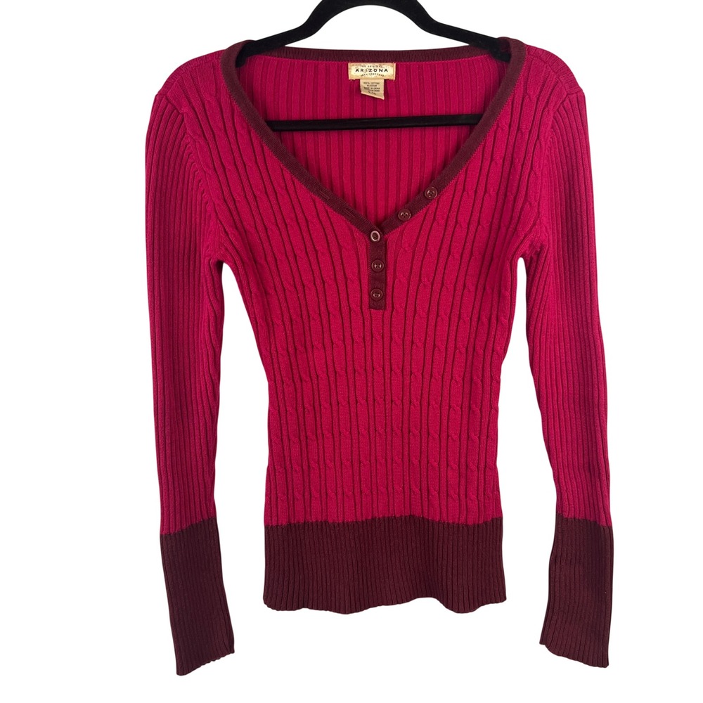 Arizona Jean Co. Cotton Cable Knit‎ Pink Henley Size L Bella Swan Y2K